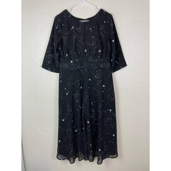 eShakti Black Dress Maxi Black Celestial Stars Half Sleeves Empire Waist Large - Picture 2 of 15